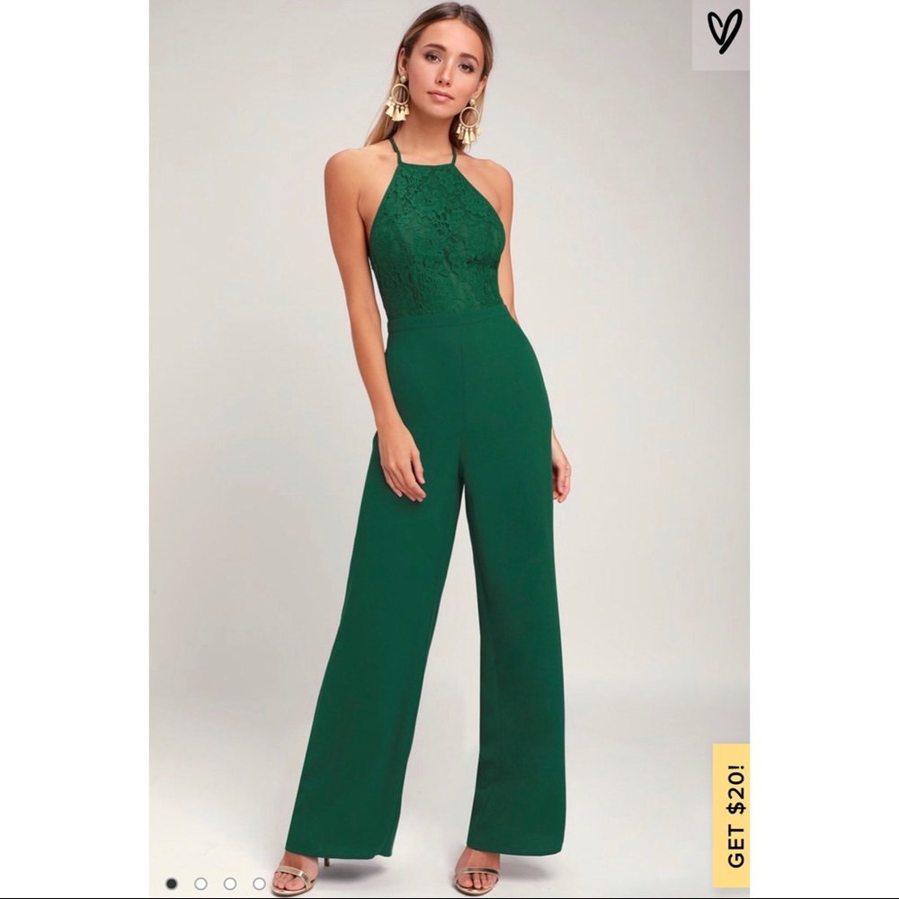 Lulu’s Stunna Forest Green Lace Backless Jumpsuit